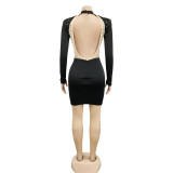 Sexy Nightclub Bead Hot Diamond Mesh Splice Backless Long Sleeve Dress BY-5681