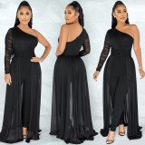 Solid Color Sexy One Shoulder Long Sleeve Jumpsuit BY-5675