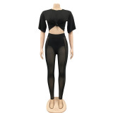 Sexy Solid Color Short Sleeve Top Mesh See-through Pants 2 Piece Sets BY-5700