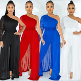 Solid Color Sexy One Shoulder Long Sleeve Jumpsuit BY-5675