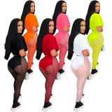 Sexy Solid Color Short Sleeve Top Mesh See-through Pants 2 Piece Sets BY-5700