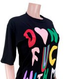 Letter Print O Neck Casual T-Shirt Dress ASL-6571