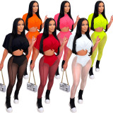 Sexy Solid Color Short Sleeve Top Mesh See-through Pants 2 Piece Sets BY-5700