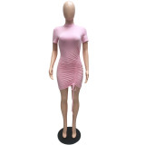 Solid Short Sleeve Drawstring Slim Mini Dress MZ-2738