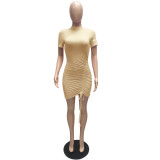 Solid Short Sleeve Drawstring Slim Mini Dress MZ-2738