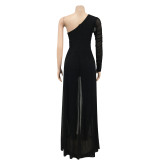 Solid Color Sexy One Shoulder Long Sleeve Jumpsuit BY-5675