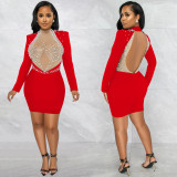 Sexy Nightclub Bead Hot Diamond Mesh Splice Backless Long Sleeve Dress BY-5681