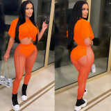 Sexy Solid Color Short Sleeve Top Mesh See-through Pants 2 Piece Sets BY-5700