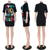 Letter Print O Neck Casual T-Shirt Dress ASL-6571