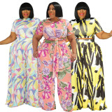 Plus Size Printed Short Sleeve Two Piece Pants Sets NNWF-7488