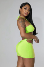 Solid Sexy Halter Hollow Out Mini Skirt 2 Piece Sets YH-5255