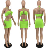 Solid Sexy Halter Hollow Out Mini Skirt 2 Piece Sets YH-5255