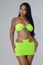 Solid Sexy Halter Hollow Out Mini Skirt 2 Piece Sets YH-5255