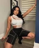 Mesh Patchwork Romper+One Shoulder Top 2 Piece Sets HMS-5544