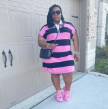 Plus Size Striped Turndown Collar T-Shirt Dress WAF-77437