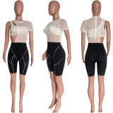 Mesh Patchwork Romper+One Shoulder Top 2 Piece Sets HMS-5544