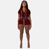 Solid Hooded Zipper Two Piece Shorts Set CH-8210