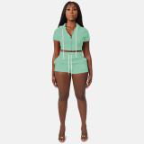 Solid Hooded Zipper Two Piece Shorts Set CH-8210