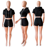 Solid Hooded Zipper Two Piece Shorts Set CH-8210