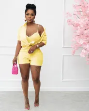 Sexy Striped Cami Top+Shorts+Shirt 3 Piece Sets OMY-81018