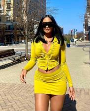 Solid Long Sleeve Top Mini Skirt 2 Piece Sets QY-5270