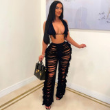 Sexy Knit Tassel Hollow Out Two Piece Pant Sets ZSD-0225