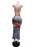 Sexy Printed Backless Mesh Sling Maxi Dress MEM-88431