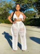 Sexy Knit Tassel Hollow Out Two Piece Pant Sets ZSD-0225