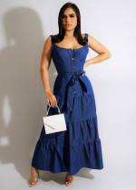 Denim Sleeveless Sling Sashes Maxi Dress ZSD-0466