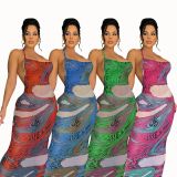 Sexy Printed Backless Mesh Sling Maxi Dress MEM-88431