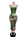 Sexy Printed Backless Mesh Sling Maxi Dress MEM-88431