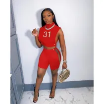 Number Print Sleeveless Hollow Out 2 Piece Shorts Sets FNN-8666