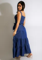 Denim Sleeveless Sling Sashes Maxi Dress ZSD-0466