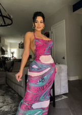 Sexy Printed Backless Mesh Sling Maxi Dress MEM-88431
