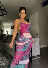 Sexy Printed Backless Mesh Sling Maxi Dress MEM-88431