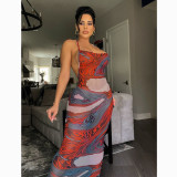Sexy Printed Backless Mesh Sling Maxi Dress MEM-88431