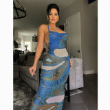Sexy Printed Backless Mesh Sling Maxi Dress MEM-88431
