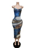 Sexy Printed Backless Mesh Sling Maxi Dress MEM-88431