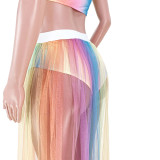 Gradient Colorful Tube Top+Mesh Long Skirt 2 Piece Sets ASL-6572