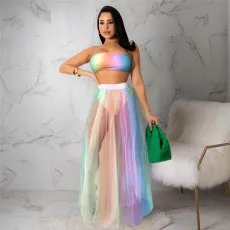 Gradient Colorful Tube Top+Mesh Long Skirt 2 Piece Sets ASL-6572