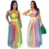 Gradient Colorful Tube Top+Mesh Long Skirt 2 Piece Sets ASL-6572