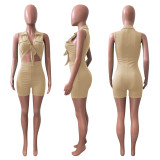 Fashion Solid Color Lapel Sleeveless Tie Up Rompers NIK-306