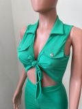 Fashion Solid Color Lapel Sleeveless Tie Up Rompers NIK-306