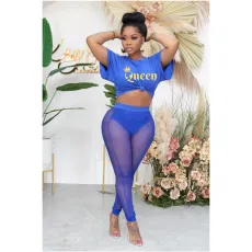 Queen Letter Print T Shirt Mesh Pants 2 Piece Sets SXF-20401-1