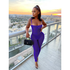 Sling Sexy Mesh Solid Color Ruched Jumpsuit Included Panties DDF-88162