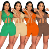 Fashion Solid Color Lapel Sleeveless Tie Up Rompers NIK-306