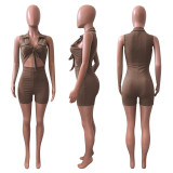 Fashion Solid Color Lapel Sleeveless Tie Up Rompers NIK-306