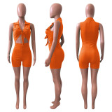 Fashion Solid Color Lapel Sleeveless Tie Up Rompers NIK-306