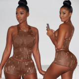 Sexy Sleeveless Hole Two Piece Shorts Sets AL-283