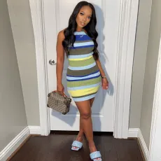 Colorful Striped Backless Cross Strap Mini Dress WMEF-20794